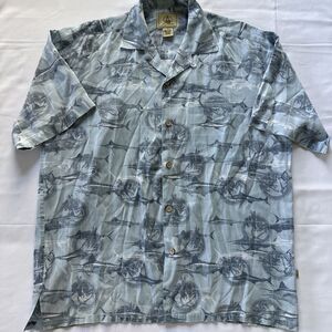 Joe Marlin Shirt Mens L Blue Marlin Print Short Sleeve Button Down Nautical
